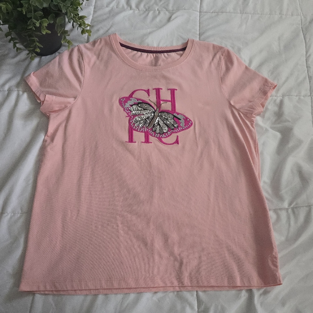 Pink T-Shirt with Butterfly Design - Size L